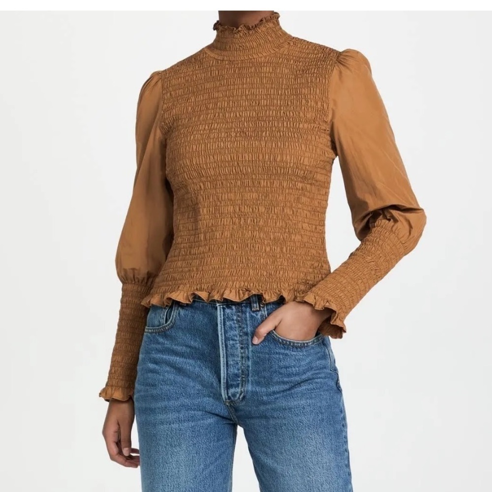 Veronica Beard Camel Smocked Blouse Ruffle collar